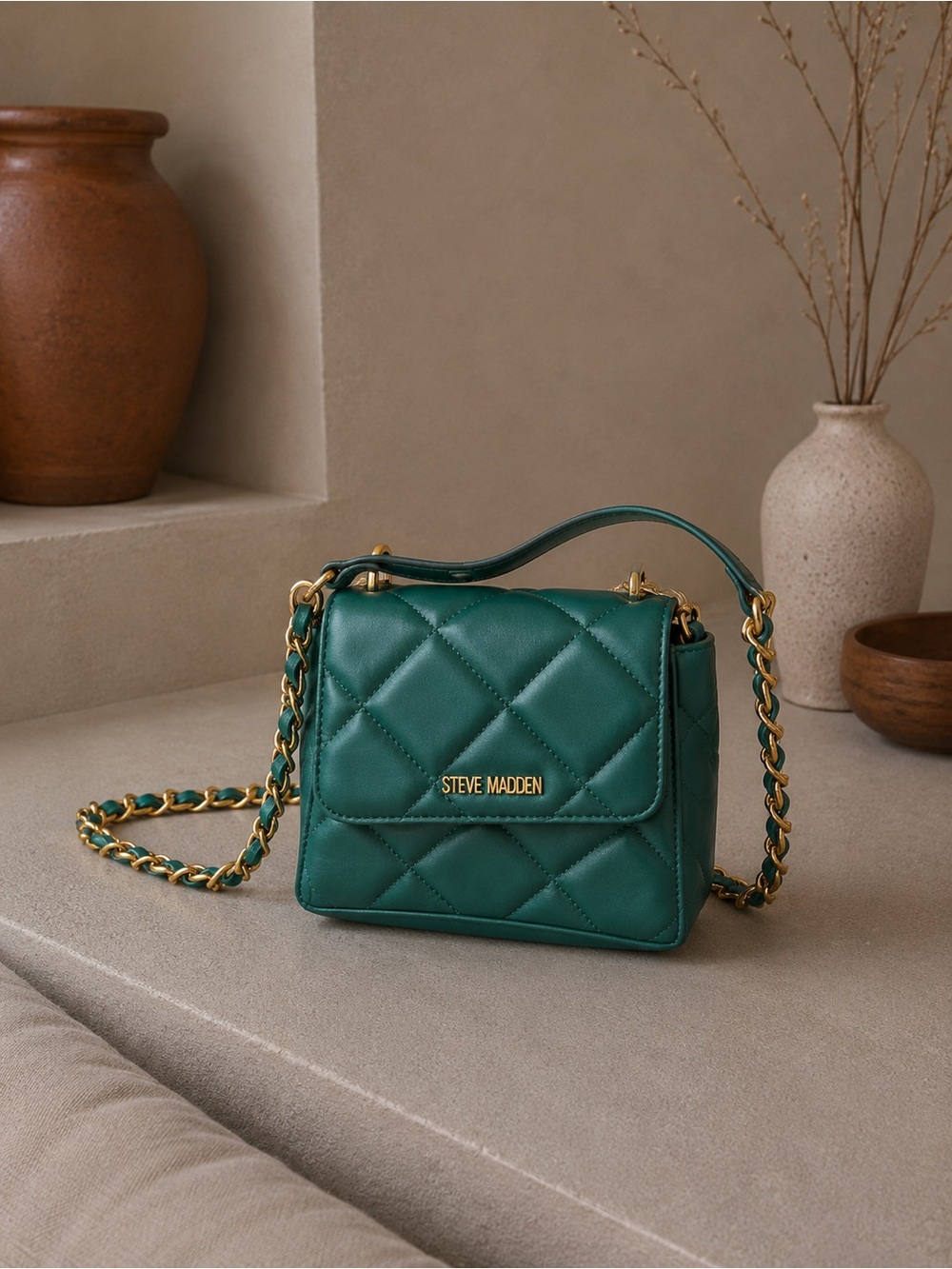 Steve Madden Quilted Teal Crossbody with Gold Chain Strap